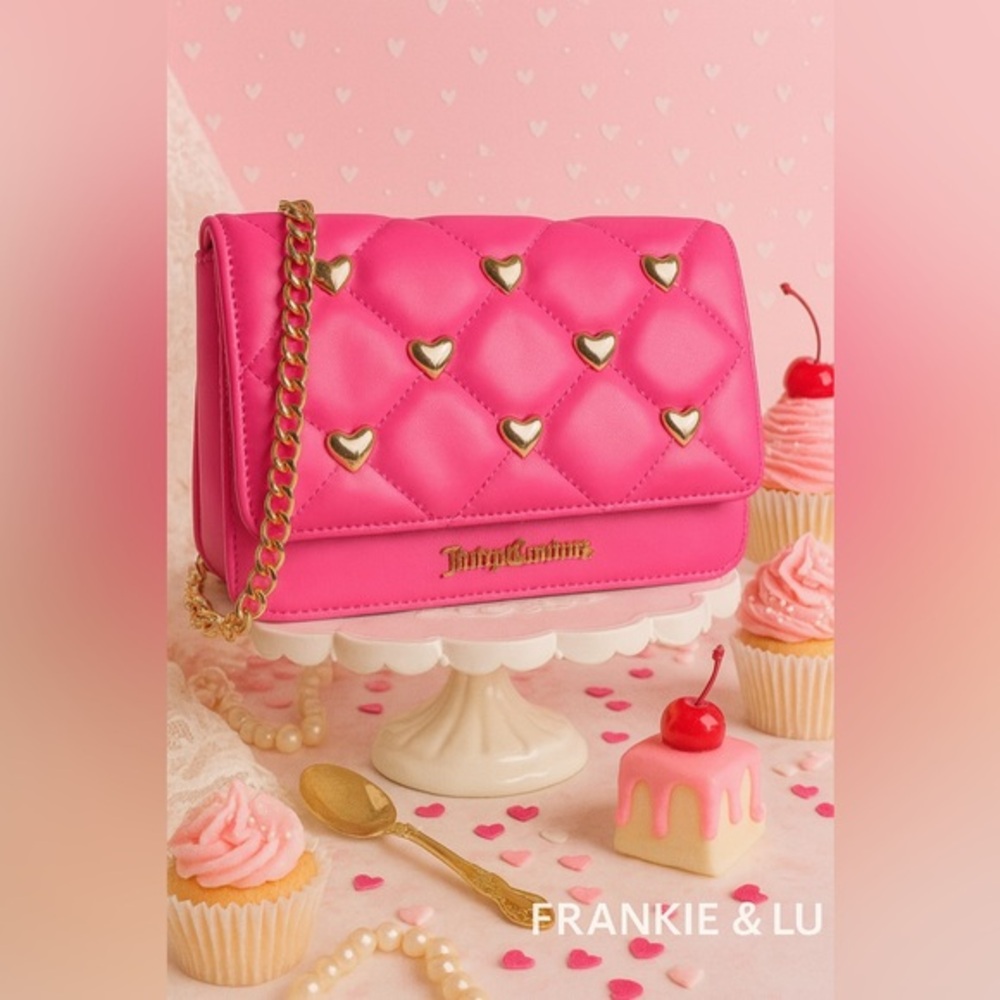 Juicy Couture Colorful Love Quilted Heart Stud Flap Crossbody Bag Pink NWT